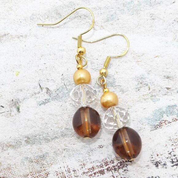 Artisan earrings  401# bohemian Smokey Glass Yellow Pearl drop gold Goldplate 9 - Picture 2 of 5